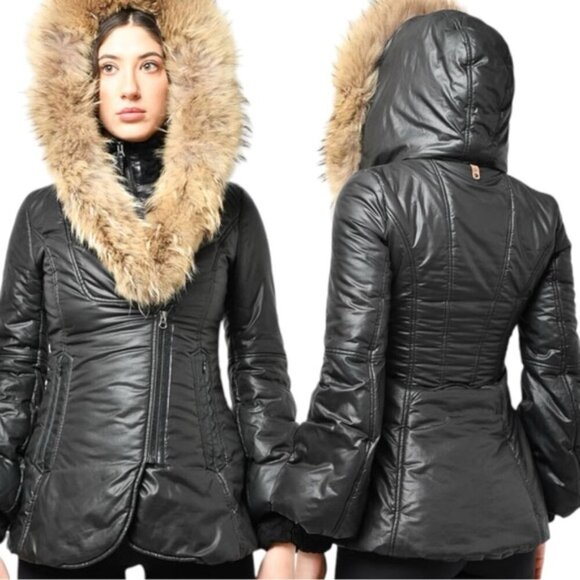 Mackage Peaches Double Zip Fur Hood Parka SM Black Nylon Cableknit Collar - Picture 3 of 16